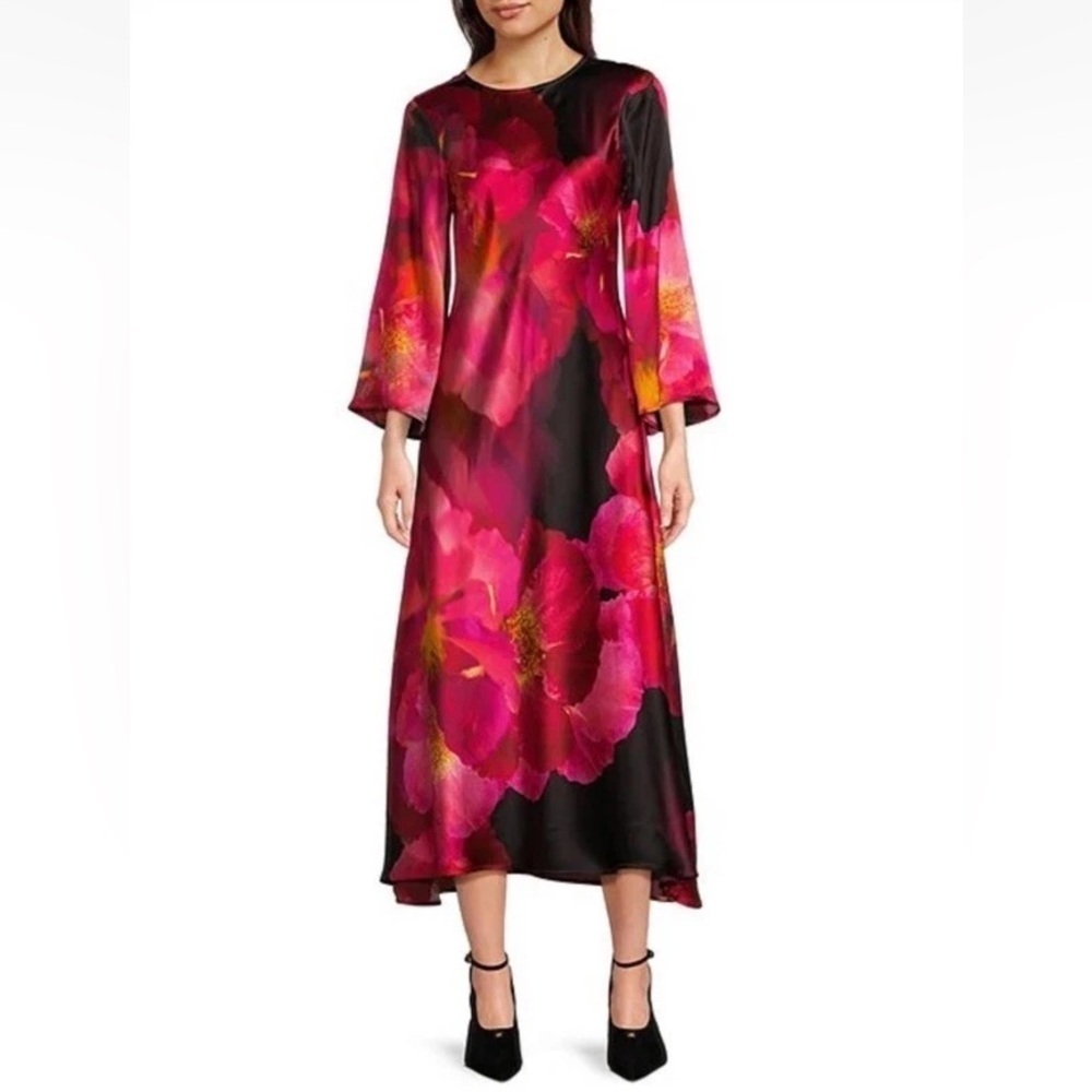 Johnny Was Small Flared Sleeve Bias Cut Silk Floral Midi Dress NWT $445 Ruby